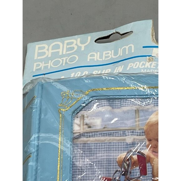 Baby Photo Album 100 slip in pockets 3 1/2" x 5 1/4" soft padded cover blue READ - Picture 2 of 8